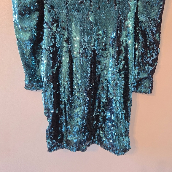 Zara Green Sequin Puff Sleeve Draped Bodycon Mini Long Sleeve Ruched Size XS - Picture 15 of 16